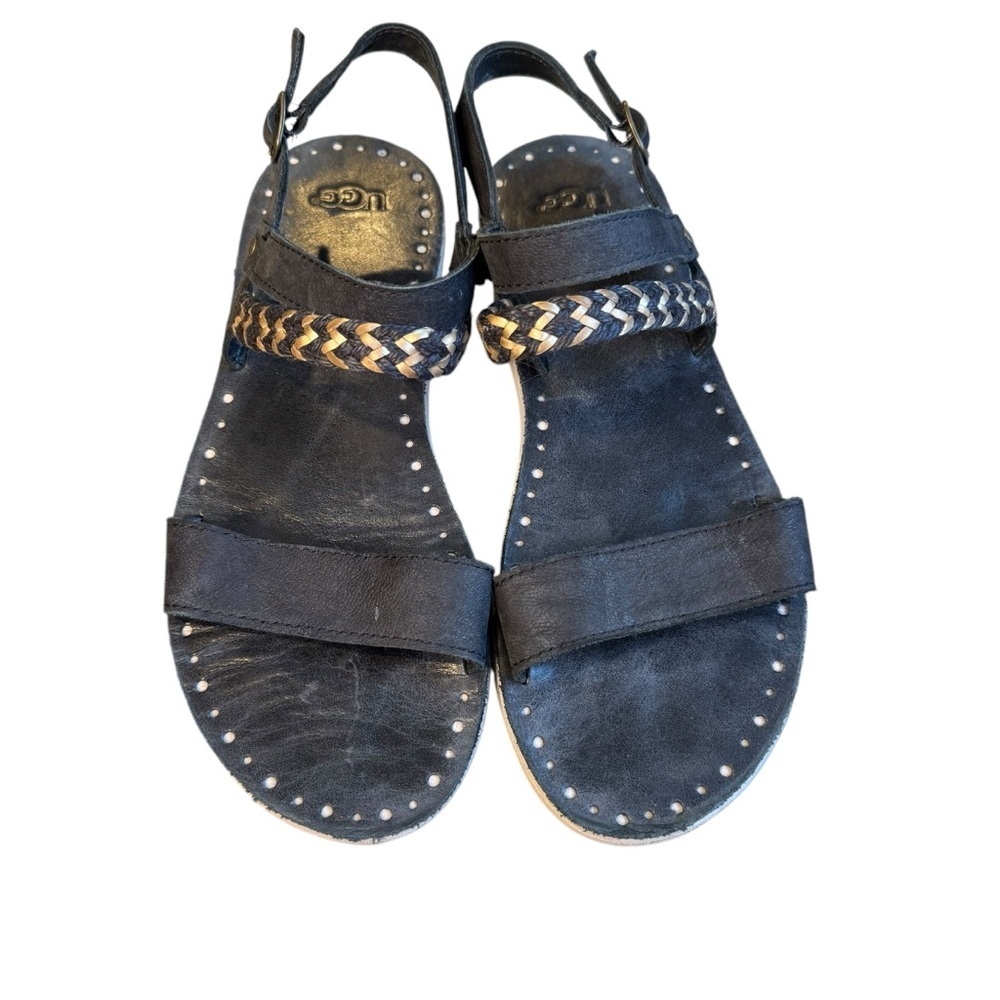 UGG Womens Size 8 Elin Strappy Sandals Adjustable Black Gold Braided 1015035 B37
